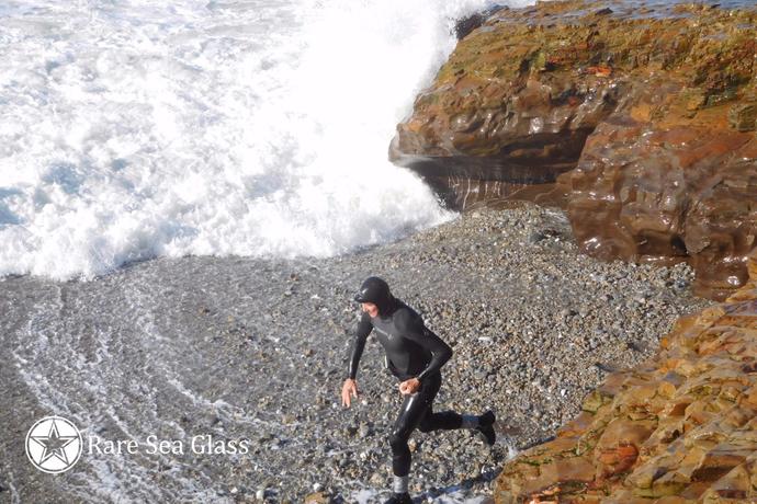 The dangerous pit area at Davenport Beach where large sea glass pieces are found