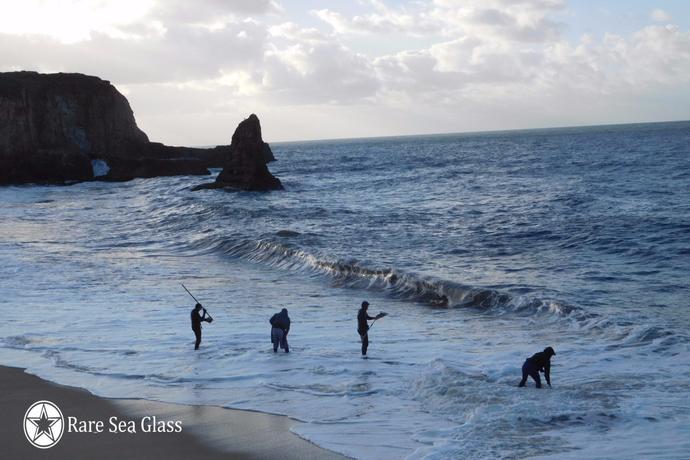Scooping for sea glass in the waves at Davenport Beach