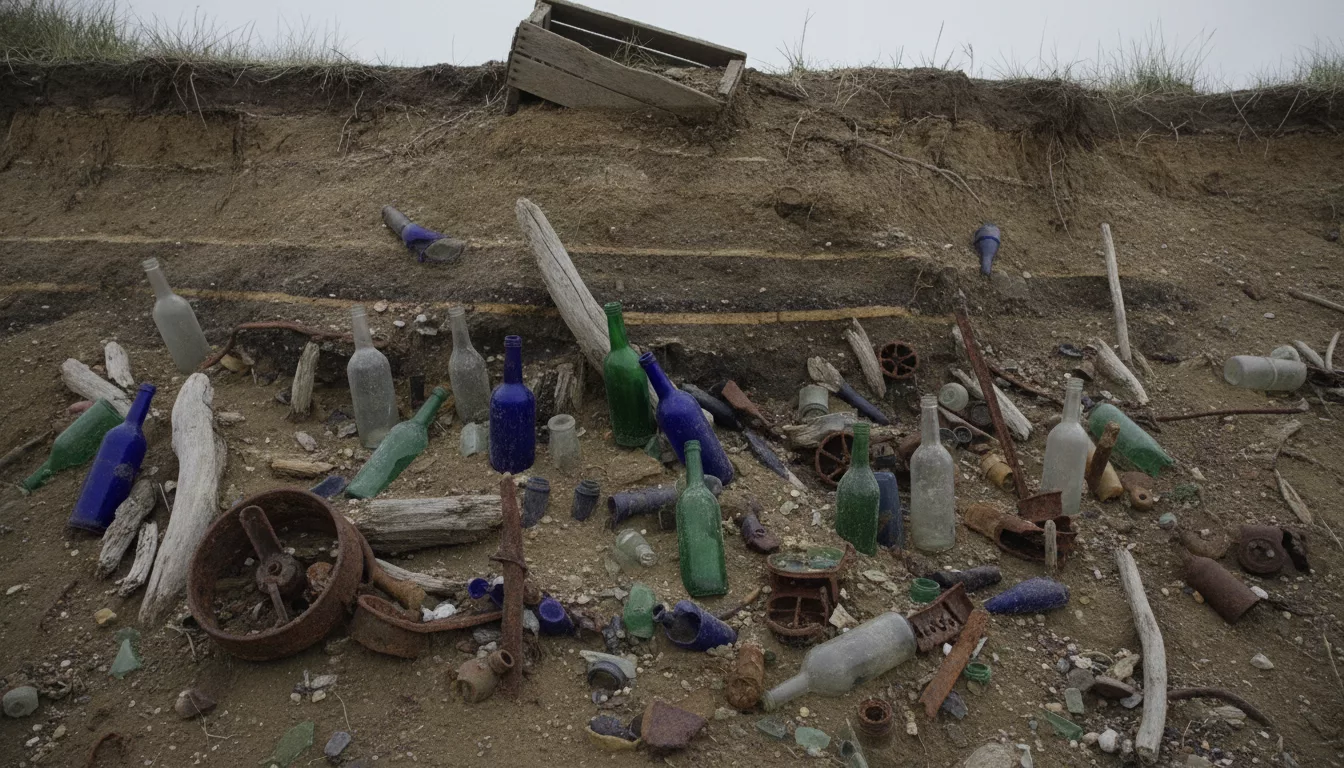 An eroding coastal cliff bank with old antique glass bottles and shards exposed in the dirt at a historic seaside dump site