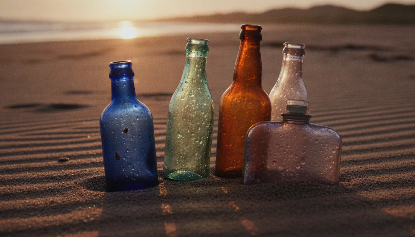 Antique glass bottles in cobalt blue, aqua, amber, and clear glass standing upright in wet sand on a beach at sunset