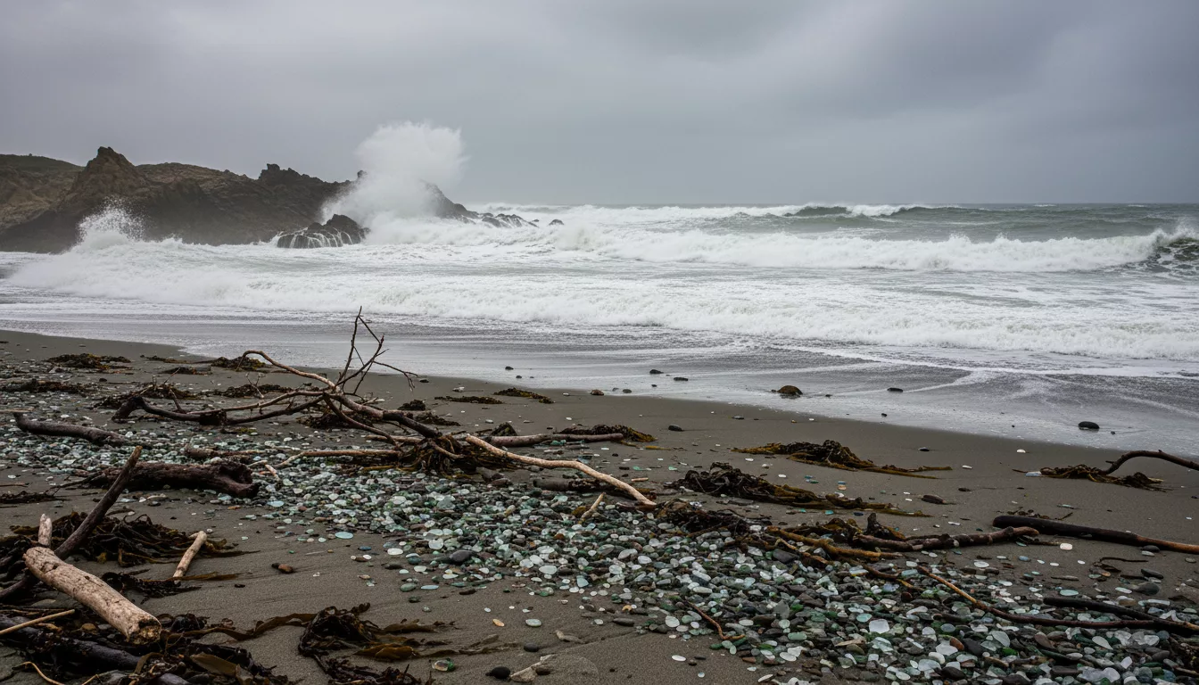 Dramatic rocky coastline after a storm with rough surf and scattered sea glass on wet sand