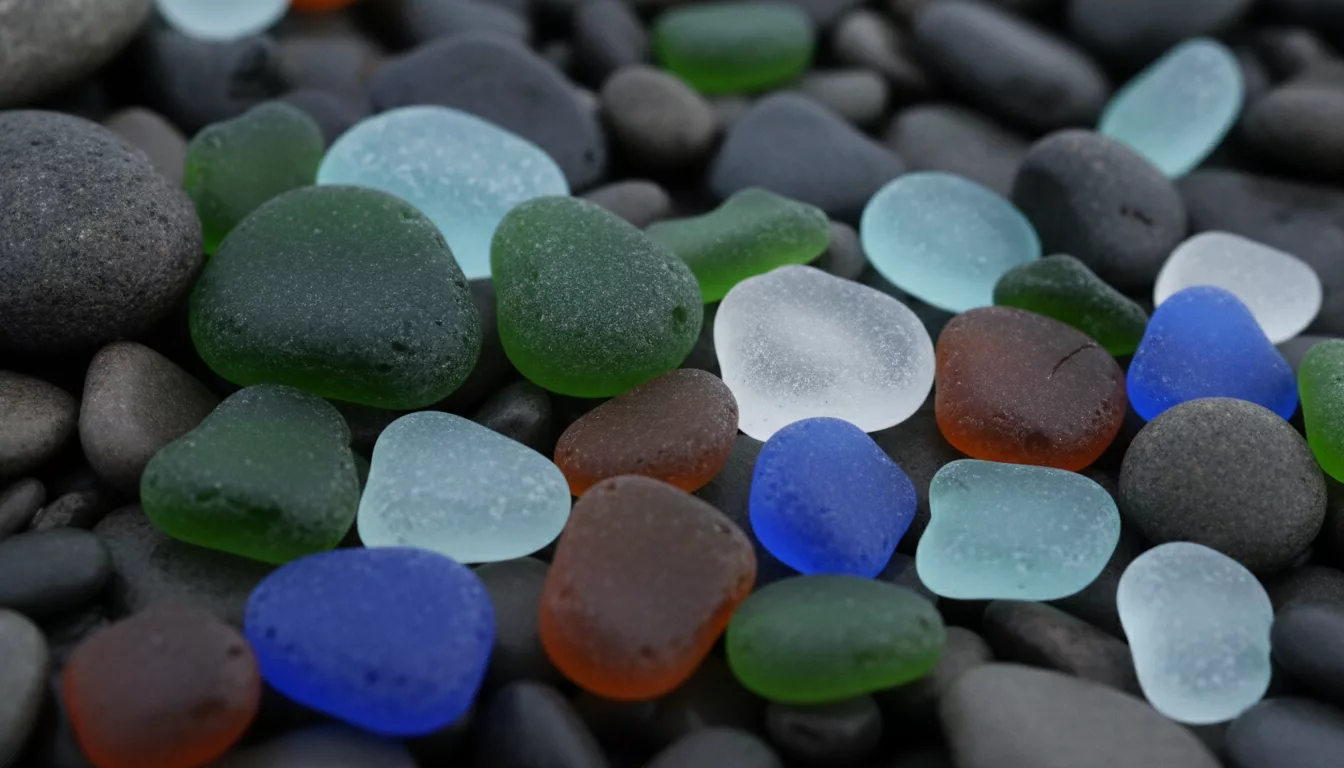Green, amber, aqua and cobalt blue sea glass pieces found on Cardigan Bay shingle beaches in Wales