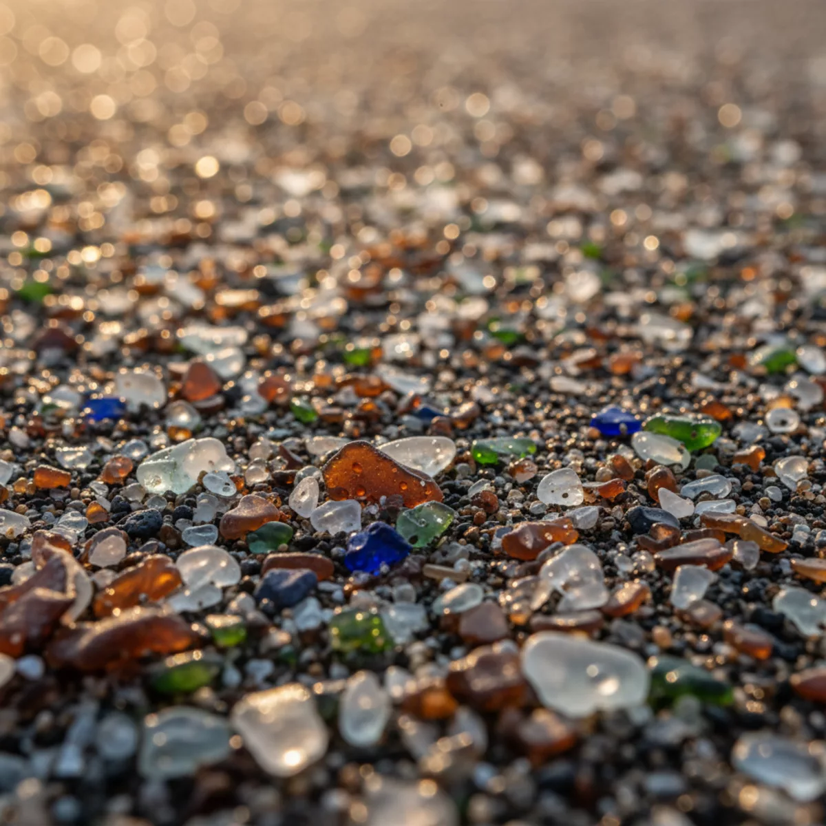 Close-up of brown, green, and aqua sea glass pieces on dark volcanic sand at Glass Beach, Kauai