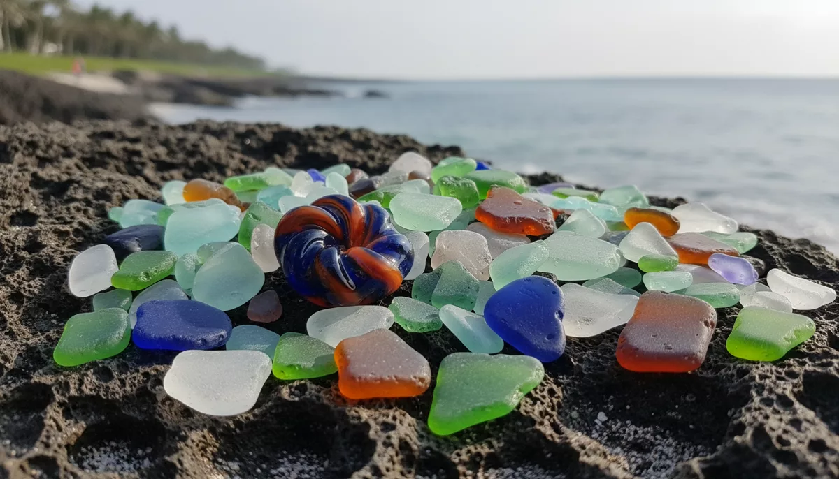 Close-up of colorful sea glass pieces including bonfire glass with fused swirled colors found on Okinawa's rocky coral beaches
