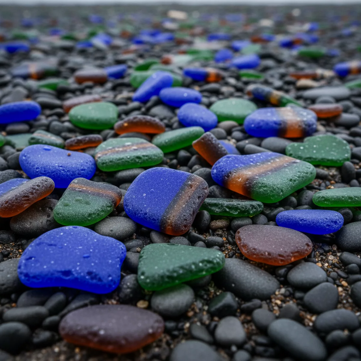 Colorful Victorian-era sea glass pieces in cobalt blue, teal, and amber found at Seaham Beach