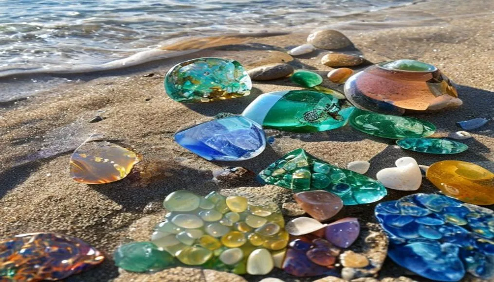 Colorful sea glass and pottery fragments found on the beach at Spectacle Island, including brown, green, blue, and frosted white pieces