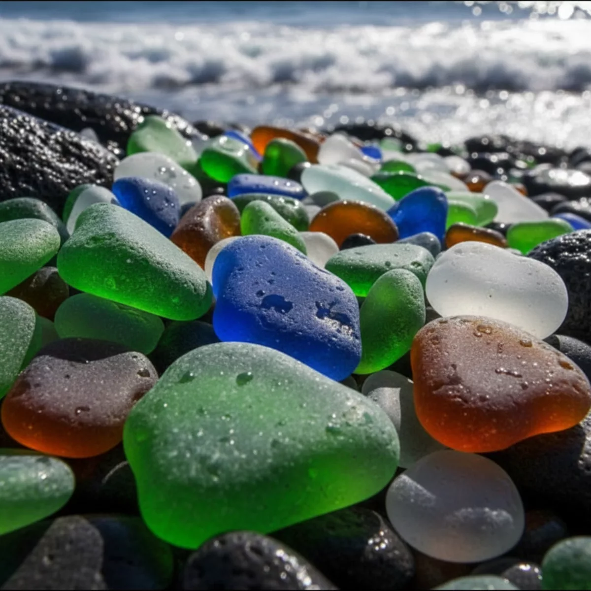 Close-up of large, brilliantly colored sea glass pieces in green, blue, amber, and white at Steklyashka Beach