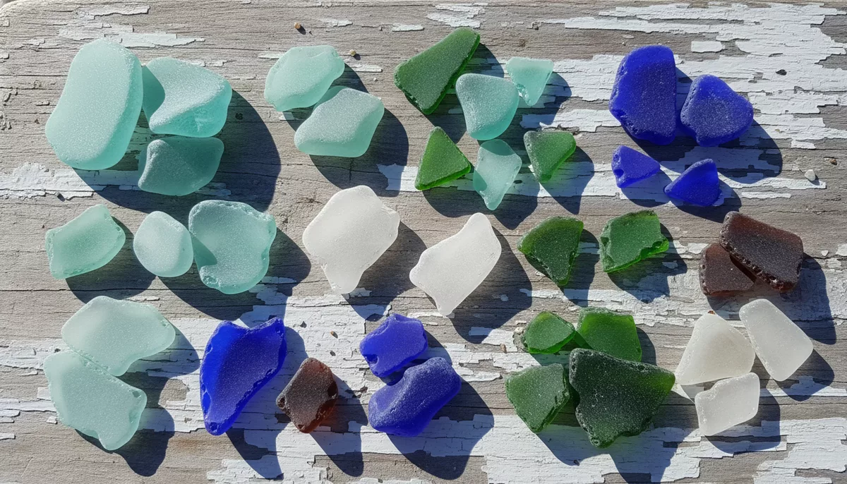 Sea glass pieces of varying quality grades arranged on weathered wood